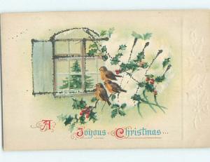 Pre-Linen christmas THREE CUTE BIRDS LOOKING THROUGH THE WINDOW HQ6621