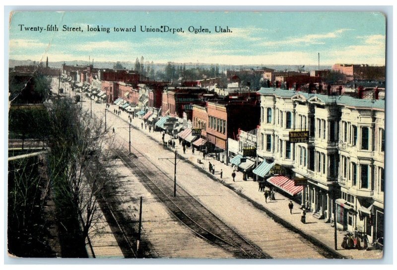 c1910 25th Street Looking Toward Union Depot Railway People Ogden Utah Postcard