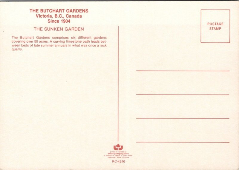 The Butchart Gardens Victoria Canada Postcard PC527