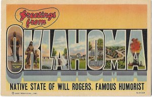 Greetings from Oklahoma Big Letter Native State of Will Rogers Humorist