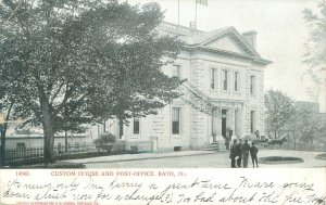 Bath Maine Custom House & Post Office, Horse, Men 1908 UDB Postcard Used