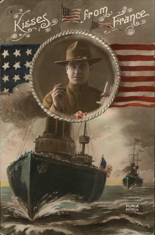 WWI US Propaganda Soldier Smoking Ships American Flags Tinted RPPC c1918