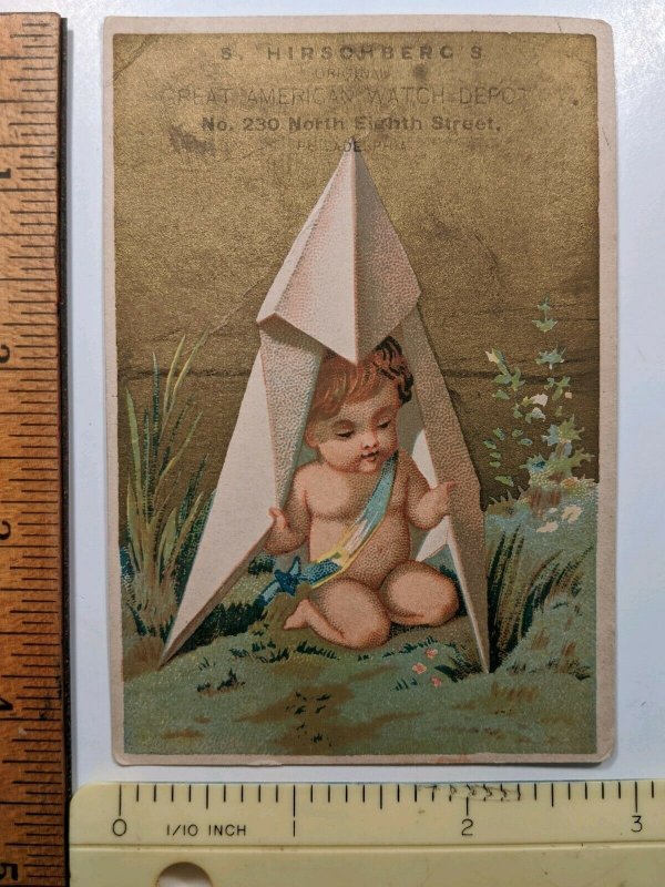 1880s S Hirschberg Great Watch Depot Trade Card Baby Paper Airplane Gold Litho 