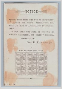 1884 Calendar Engraved Geo. H. Richards Jr. Boston Kittens Cat Trade Card F13