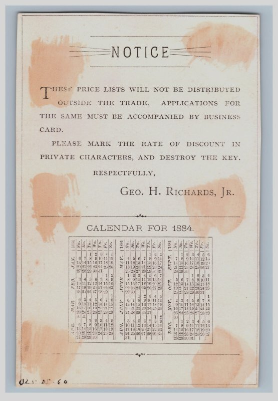1884 Calendar Engraved Geo. H. Richards Jr. Boston Kittens Cat Trade Card F13