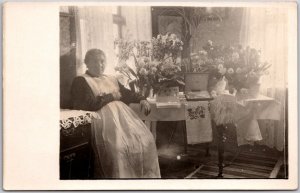 Woman Maiden In Front Of Flowers Photography Postcard