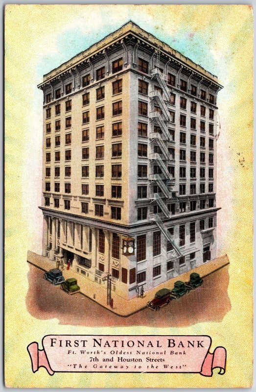 1932 First National Bank Fort Worth Texas Street View & Bldg. Posted Postcard