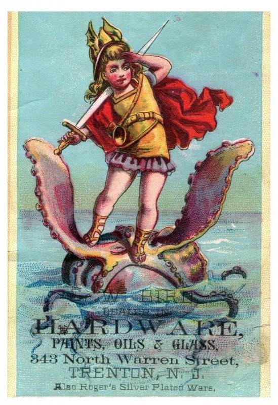 1880's C. W. Bird Fantasy Octopus Sword Roman Hardware Trade Card F102