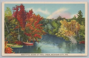 Linen~Autumn Scene Trail Creek Michigan City Indiana~Vintage Postcard 