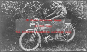 Unknown Location, RPPC, Man Sitting on a Harley Davidson Motorcycle, Goggles