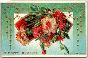 1917 A Happy Birthday Red Flower Bouquet Embossed Greetings Posted Postcard