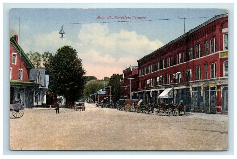 Early Randolph VT Main Street Postcard Store Fronts Horse Carriage Vermont