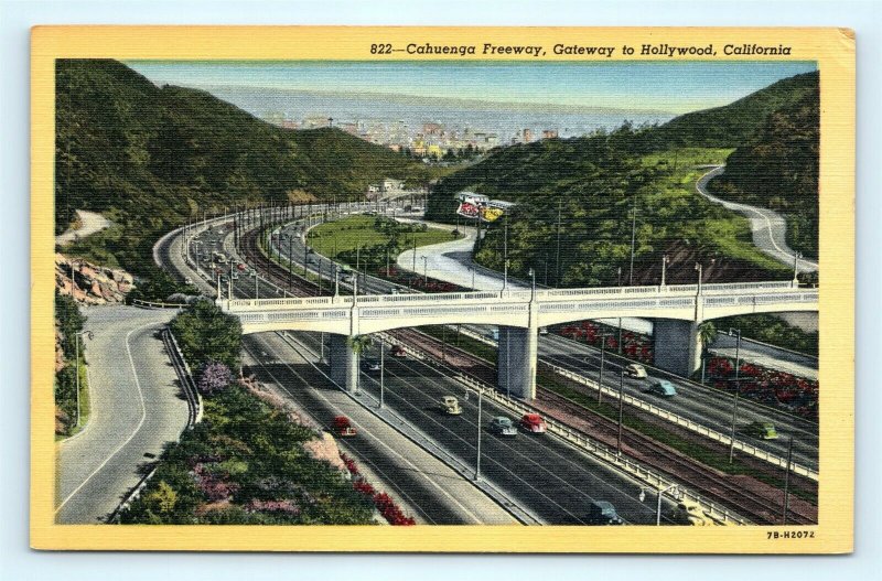 Postcard CA Hollywood Vintage Linen View Cahuenga Freeway R64