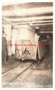 MN, Hibbing, Minnesota, RPPC, Underground Ore Train in Mine, Mining