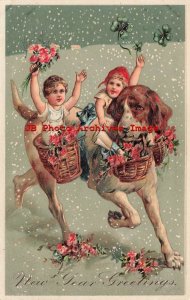 New Year, PFB No 7978-2, Dog Carrying Children & Baskets of Flowers in Snow