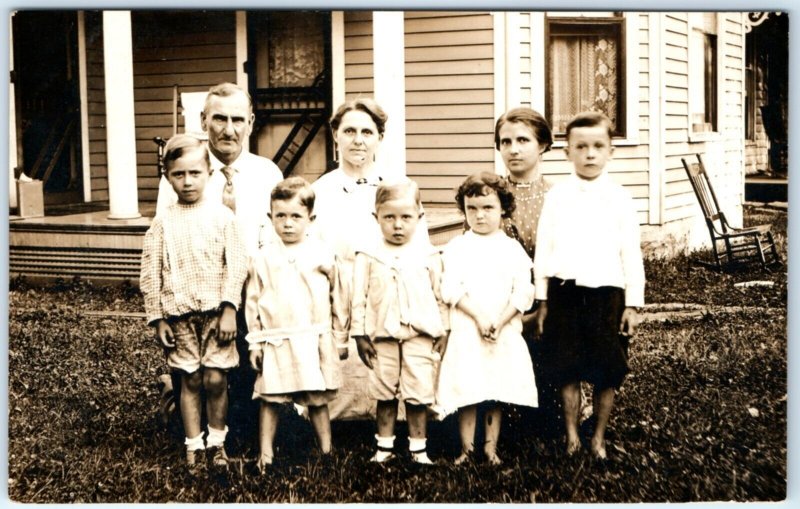 c1910s Nice Family Group Photo RPPC House Grandchildren Kids Real Postcard A134