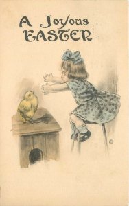 Postcard 1914 Hand Colored A joyous Easter girl Chick artist impression 22-14268