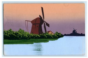 c1910 Tranquil Hand Painted Art Windmill Holland Antique European Postcard