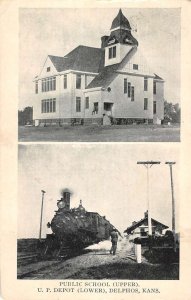 Delphos Kansas Up Depot Public School Train Vintage Postcard KK36