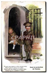 Old Postcard Fantasy Illustrator Child Under the protection of Tommy Militaria