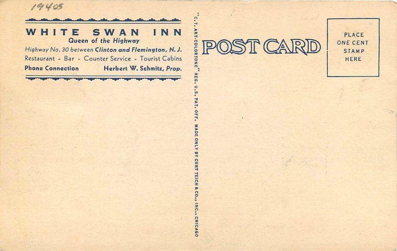 Clinton Flemington New Jersey 1940s White Swan Inn Teich linen postcard 12731