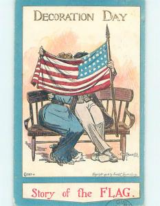 Pre-Linen patriotic signed ROMANTIC COUPLE KISSING BEHIND USA FLAG HJ2897