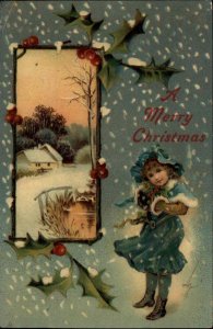 Christmas Little Girl Vintage Fashion Blizzard c1910 Vintage Postcard