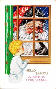 Vintage Giant Santa Claus, Adorable Little Boy, Snow, Antique Christmas Postcard