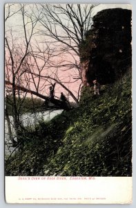 Edgerton Wisconsin~Devils Oven Cave Along Rock River~People w/Dog~1908 Postcard