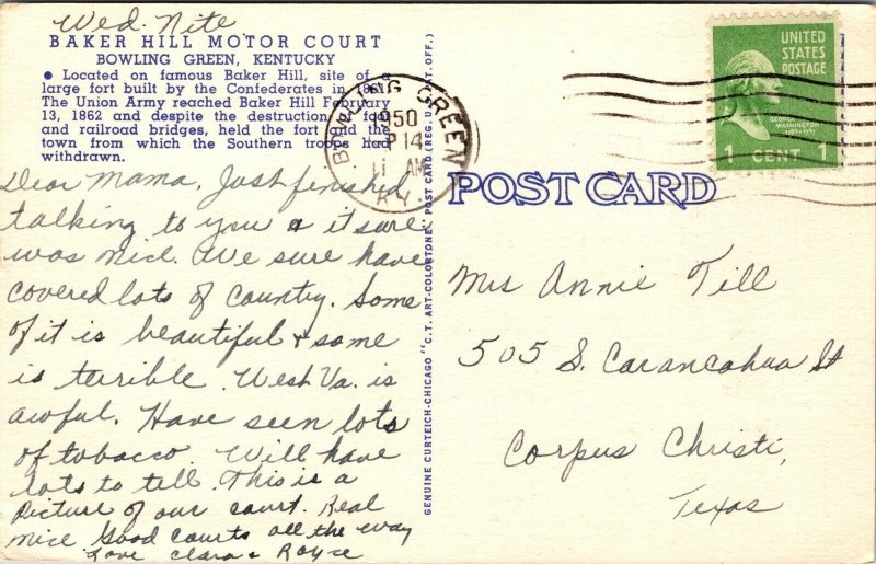 Linen Postcard Baker Hill Motor Court in Bowling Green, Kentucky~136444