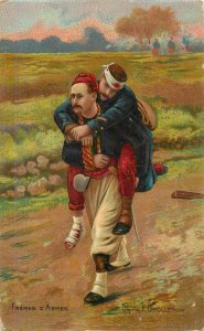 Brothers in arms Zouave military carry wounded French soldier by P. Grolleron