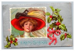 Vintage 1910's Christmas Postcard Beautiful Woman Big Hat Mistletoe Silver Face