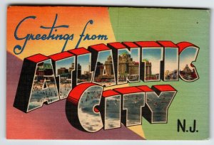 Greetings From Atlantic City New Jersey Large Letter Linen Postcard Unused Hotel