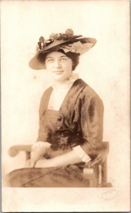 RPPC Antique Postcard Woman Sitting Fancy Hat Studio Portrait Minneapolis KL1