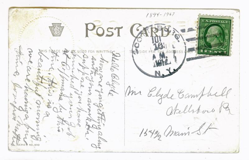 Scottsburg, New York to Wellsboro, Pennsylvania 1917 Greetings Postcard