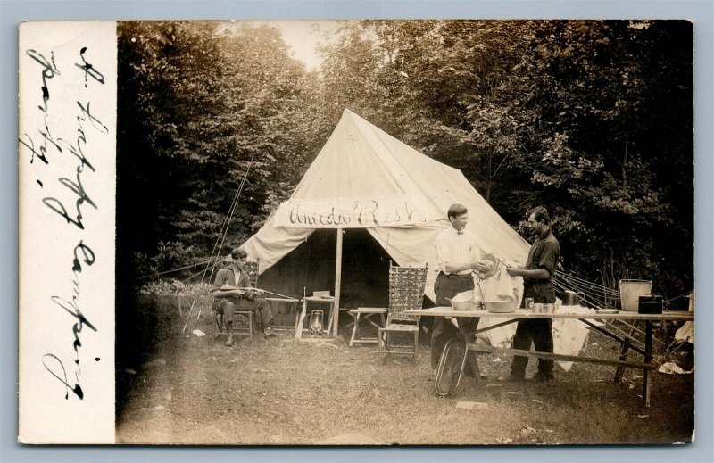 STERLING PA CAMPING SCENE COOKING RIFLE TENT ANTIQUE REAL PHOTO POSTCARD RPPC