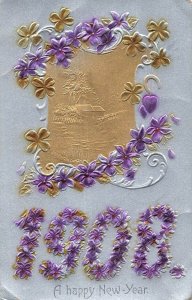 Vintage 1908 Embossed New Year Postcard Made in Germany Floral Design