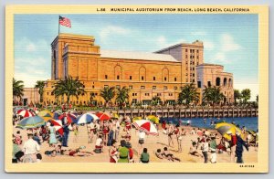 Long Beach California~Municipal Auditorium~People~Umbrellas~Flag~Linen Postcard