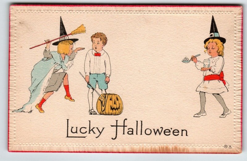 Halloween Postcard Children Girls Witch Hat JOL Pumpkin Broom Nash 8A Unposted