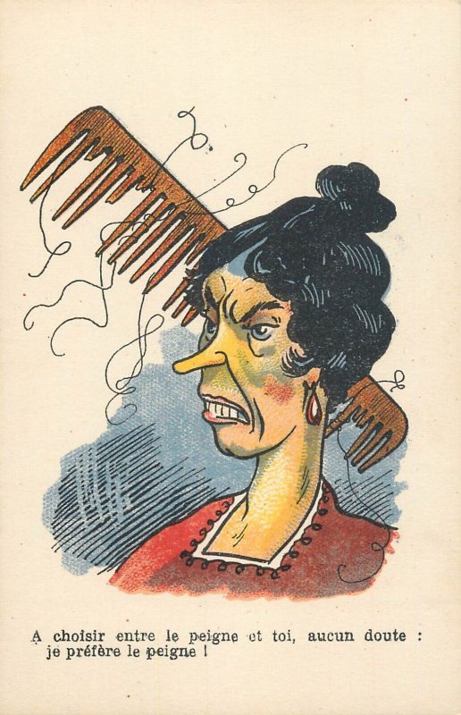 French misogynist humor comic woman comb caricature postcard