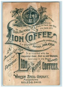 1890 Holiday Greeting Lion Coffee Woolson Spice Co. Green Coat Santa Claus #5J