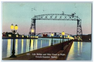 c1940's Lift Bridge And Ship Canal At Night Duluth Superior Harbor MN Postcard