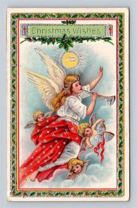 1914 Beautiful Christmas Angel Blowing Trumpet Cherubs Holly Border Gel Postcard