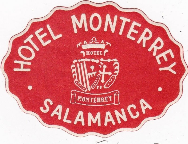 Spain Salamanca Hotel Monterrey Red Vintage Luggage Label sk4502