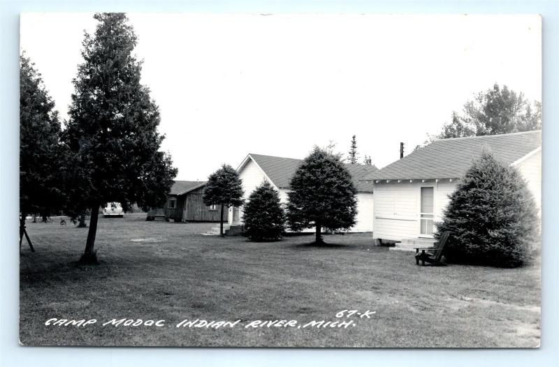 Postcard Mi Camp Modoc Indian River View Of Cabins C1940s Rppc