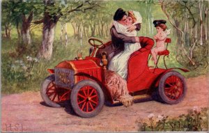 Couple In Car Kissing With Cupid Watching