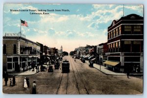 Lawrence Kansas Postcard Massachusetts Street Looking South Ninth c1915 Vintage