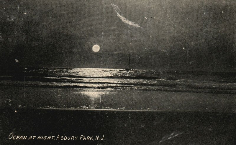 Vintage Postcard 1910's Ocean At Night Moonlight View Asbury Park New Jersey NJ