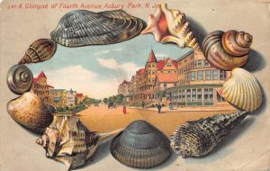 FOURTH AVENUE ASBURY PARK NEW JERSEY SHELL BORDER EMBOSSED POSTCARD 1909