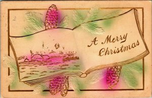 Merry Christmas 1910 Postcard, open book, airbrushed, country scene, pine cones